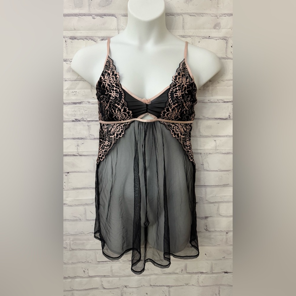 Adore Me Babydoll Neglige Black Size XL Chiffon Sheer Lace Embroidered Sexy New